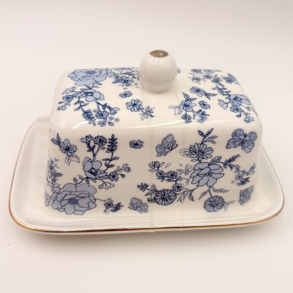 Grace Teaware Blue Floral Butterfly Fine Porcelain Butter Dish Gold Trim White